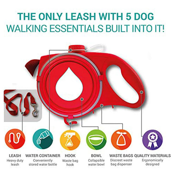 3-in-1 Retractable Dog Leash with Water Dispenser, Bowl & Waste Bag Dispenser